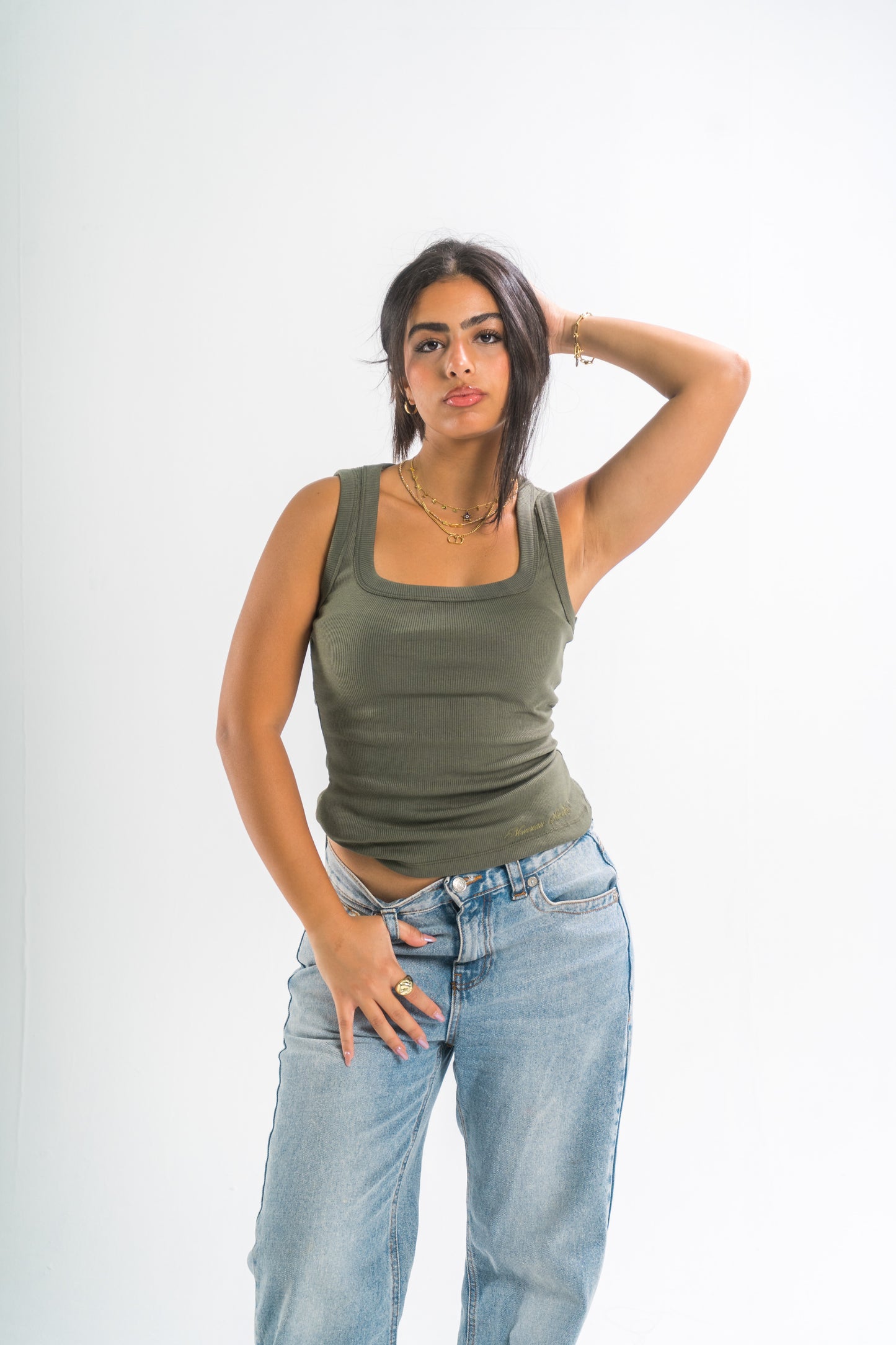 Ribbed Square Neck Tank Top - Olive